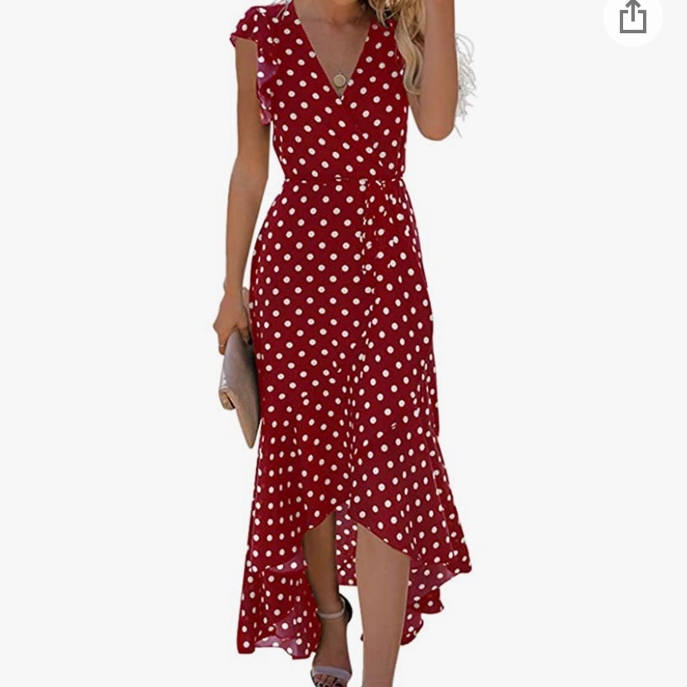 Poka-dot print high low dress. V-neck, ruffle sleeves, elastic waistband.
